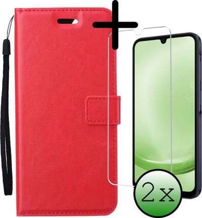 Hoesje Met 2x Screenprotector - Geschikt voor Samsung Galaxy A25 - Luxe Pasjeshouder - Bookcase Portemonee - Flip Case - Kunstleer Book Case - Flipcase Hoes - Book Cover - Walletcase - Portemonneehoes - Rood