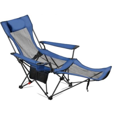 VEVOR opvouwbare campingstoel, relaxstoel met 4 verstelbare standen, comfortabele stoel met bekerhouder, strandstoel van mesh met hoofdsteun en voetensteun, draagvermogen 100 kg, voor kamperen in de buitenlucht, blauw