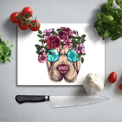 Glassnijplank - Hond met bloemen - Glazen Snijplanken - 35x25 cm - 4 mm
