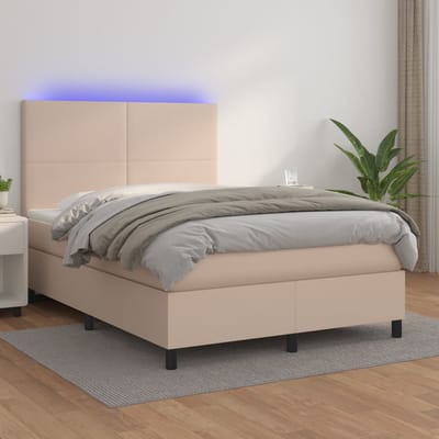 vidaXL - Boxspring - met - matras - en - LED - kunstleer - cappuccinokleur - 140x190cm