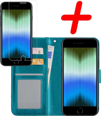 Hoesje Met Screenprotector - Geschikt voor Apple iPhone SE (2022) - Luxe Pasjeshouder - Bookcase Portemonee - Flip Case - Kunstleer Book Case - Flipcase - Book Cover - Walletcase - Portemonneehoes - Turquoise