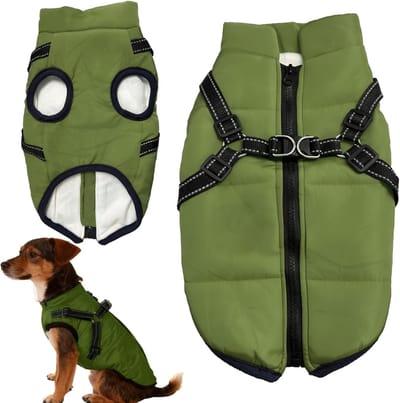 Waterdichte hondenjas met harnas, warme fleece winterjas voor middelgrote en grote honden, reflecterend en winddicht (legergroen, L)