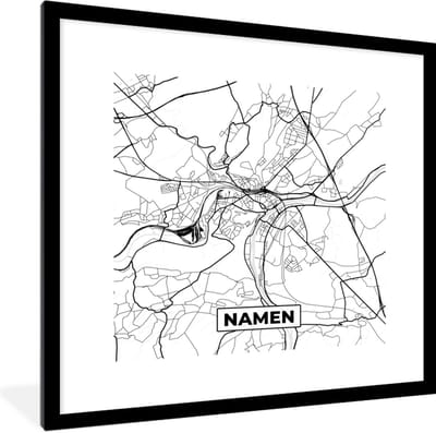 Fotolijst incl. Poster Zwart Wit- Stadskaart – Plattegrond – België – Zwart Wit – Namen – Kaart - 40x40 cm - Posterlijst