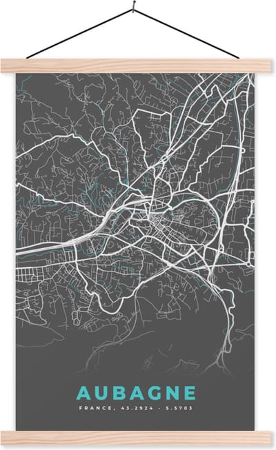 Posterhanger incl. Poster 40x60 cm - Schoolplaat - Aubagne - Plattegrond - Stadskaart - Frankrijk - Kaart - Textielposter - Blanke latten - Stadskaart