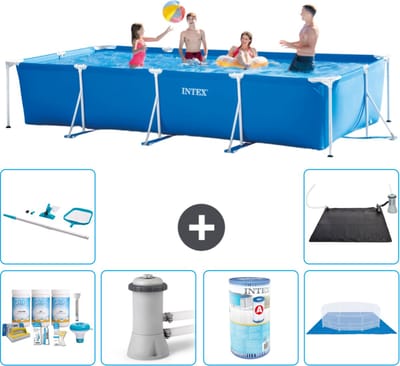 Intex Rechthoekig Frame Zwembad - 450 x 220 x 84 cm - Blauw - Inclusief Onderhoudspakket - Zwembadfilterpomp - Filter - Grondzeil - Schoonmaakset - Solar Mat - 7-delig