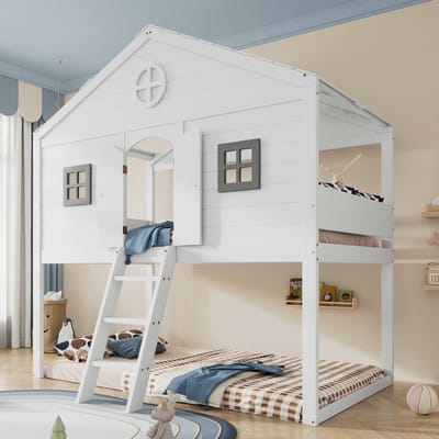 VVBV Learnlogic Huisbed, met trap, met valbeveiliging en leuning, twee grijze ramen, kinderbed met raam, vrij ontworpen basis, grenen frame, grenen + MDF, wit + grijs, 90x200cm