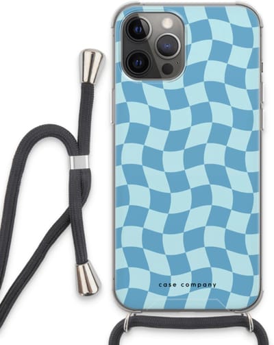 Case Company® - Hoesje met koord geschikt voor iPhone 13 Pro Max hoesje met Koord - Grid Blauw - Telefoonhoesje met Zwart Koord - Bescherming aan alle Kanten en Over de Schermrand
