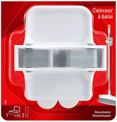 Famanu – Bezemhouder – 1 sterke haak met 2 plakstrips, schadevrij ophangen zonder schroeven – Voor bezems, borstels en moppen