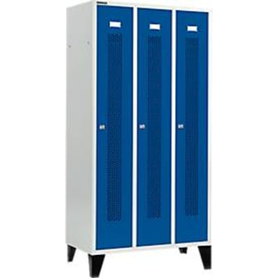 Schäfer Shop Select Kledinglocker, met geperforeerde rijen, 3 compartimenten, 300 mm, met poten, cilinderslot, deur gentiaanblauw