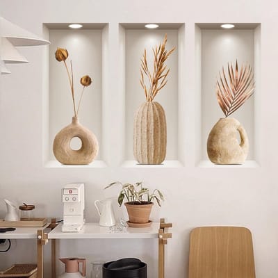 Dailygoods- Muursticker Boho Vazen 3D - Wanddecoratie woonkamer - Muursticker slaapkamer - Muurstickers keuken - Muurstickers met droogbloemen - Set van drie in beige/bruin (120x68 cm)