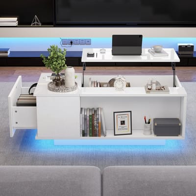 REDOM Verstelbare salontafel 100×50×40 cm — hydraulische lift, verborgen opbergruimte, LED‑verlichting, hoogglans wit