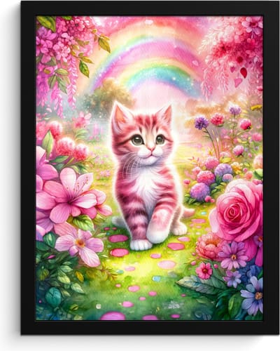 Poster in lijst - Fotolijst 30x40 cm - Posters - Kitten - Roze - Kat - Regenboog - Bloemen - Posterlijst zwart - Kamer decoratie - Wanddecoratie kinderkamer - Muurdecoratie babykamer