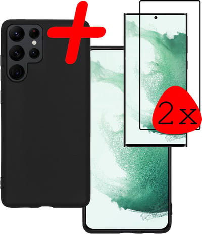 Hoesje Met 2x Screenprotector - Geschikt voor Samsung Galaxy S22 Ultra - Sterk & Shockproof - Back Cover - Siliconen Case - Telefoon Hoes - Zwart