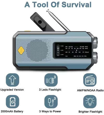 Blauwe Noodradio met Zonnepaneel & Handzwengel – Zaklamp, Leeslamp, SOS-alarm & Powerbank