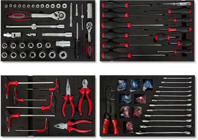 EBERTH multitool-gereedschapsset, 81-delig, voor gereedschapswagens, gelabelde schuimrubberen inlegbakken, hardmetaal, ergonomische handgrepen, voor 4 lades, uitrusting voor auto- en professionele werkplaatsen, rood