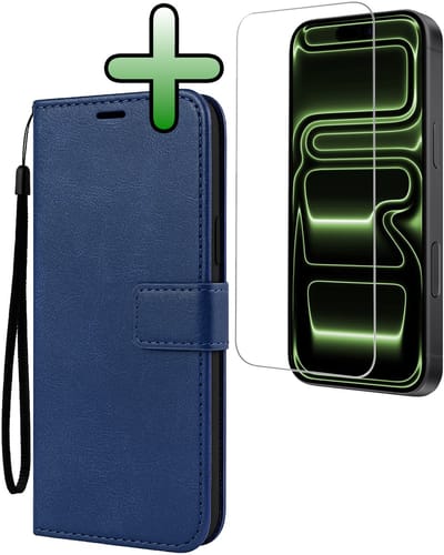 Hoesje Met Screenprotector - Geschikt voor Apple iPhone 17 Pro - Luxe Pasjeshouder - Bookcase Portemonee - Flip Case - Kunstleer Book Case - Flipcase - Book Cover - Walletcase - Portemonneehoes - Donkerblauw