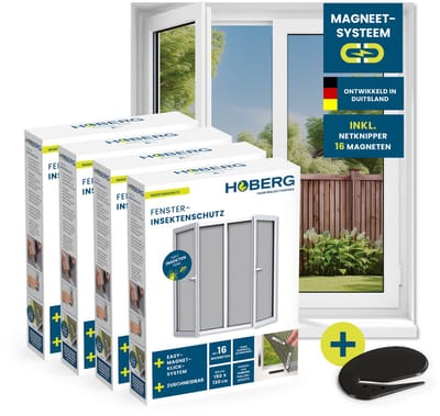 Hoberg Vliegengaas voor ramen met magnetische bevestiging, muggennet op maat te snijden tot 150 x 130 cm, eenvoudige montage met 16 magneten, insectenbescherming zonder boren, schroeven en lijmresten, zwart, 4 stuks
