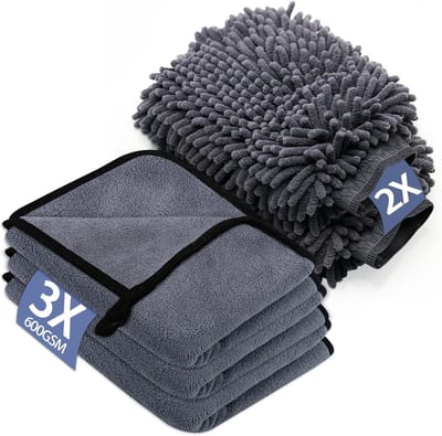 Set van 5 autopoetsdoeken, inclusief microvezeldoek en microvezelpoetshandschoenen, zeer absorberend, krasbestendig, grijs.