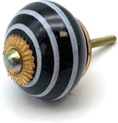 Porseleinen Knop Zwart met witte strepen 40mm handgeschilderd