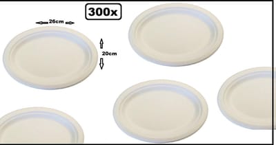 300x Bord Next generation suikerriet ovaal 26x20cm wit - borden salade BBQ eten tafelen composteerbaar mileu festival thema feest
