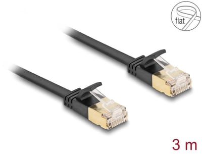 Delock RJ45 Network Cable Cat.6A plug to plug with robust latch and Cat.7 raw flat cable U/FTP 3 m black