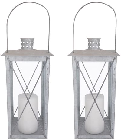 Flancy Flames Lantaarn - 2x - zink - windlicht - zilverkleurig - 12 x 12 x 25,5 cm - tuinverlichting