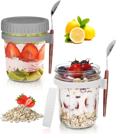 Havermout Potjes - Transparant - 350 ml - Glazen Bewaarpotten met Deksels en Lepel - Voor Ontbijt en Lunch