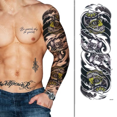 Tattoo Sleeve - Japan Azië Masker Schedel Wolken - Neptattoo Lichaam en Gezicht - Tijdelijke Henna Plak Tattoos - Nep Tatoeage - Fake Temporary Tattoo - Festival Make-up Outfit Volwassenen Kinderen