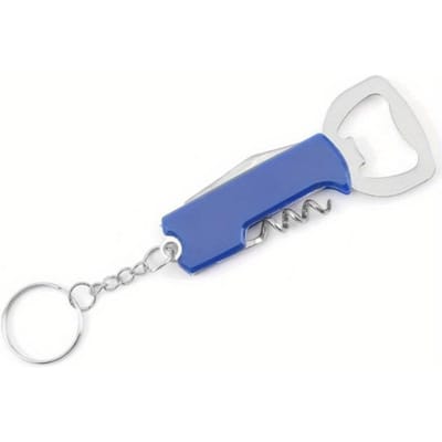 Porte-clés 3 en 1 Ouvre-bouteille de bière Acier inoxydable Portable Ouvre-bouteille de bière de vin rouge Coupe-papier Outil de cuisine bleu
