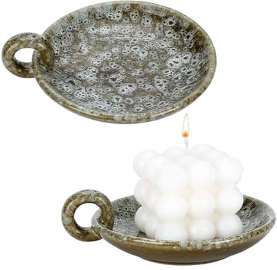 Dailygoods- Kaarsenhouder Vintage Keramisch - 2 Stuks - Rustieke Kaarsenbak - Handvat - Theelichten/Pijler Kaarsen - 12,4 x 12,4 cm - Huisdecoratie - Kandelaar