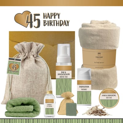 Geschenkset “45 Happy Birthday” - 8 producten - 1140 gram - Triomf Cosmetica | Luxe wellness Cadeaubox voor haar Giftset Verjaardag Vijfenveertig jaar Cadeau Pakket Gefeliciteerd Verjaardagscadeau Vrouw Forty-five Years Hartje Goud Groen Beige