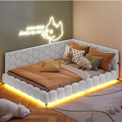 Slaapbank 140x200 Wit Teddy Stof – Met RGB LED, USB & USB-C Oplader – Modern Bedbank