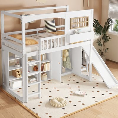 DESMIU Stapelbed 90x200 cm – Kinderbed Met Glijbaan En Kast – Bovenbed Met Valbeveiliging – Planken Voor Kinderkamer – Hout En MDF – Wit Naturel – Zonder Matras