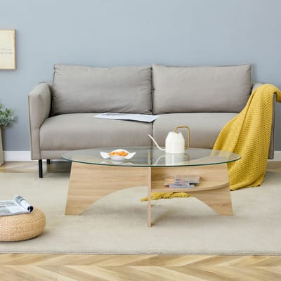 MODFU Luxe Ovale Salontafel met Glasplaat - Scandinavische Glazen Bijzettafel met Houtlook Onderstel & Opbergruimte - 105x60 cm