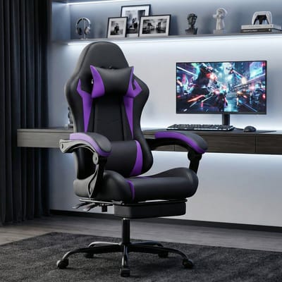 OKWISH Gamingstoel – Ergonomisch Met Hoofdsteun En Lendenkussen – Verstelbaar En Kantelbaar – PVC – Zwart Paars