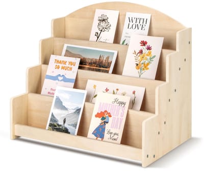 Wenskaarten Standaard, Organizer en Opbergstandaard voor Ansichtkaarten en Stickers, 4-Lagen Houten Kaarten Display, Houtkleur
