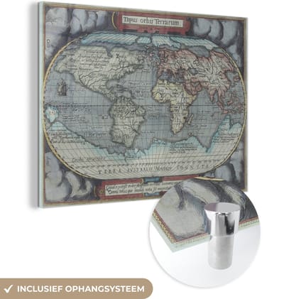 MuchoWow® Glasschilderij 80x60 cm - Schilderij acrylglas - Wereldkaart - Vintage - Atlas - Foto op glas - Schilderijen
