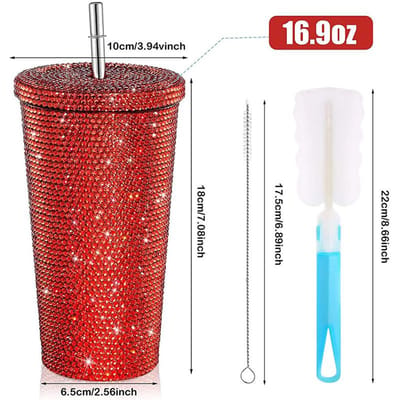 500ml Diamant Thermosflessen Beker met Rietje en Deksel Strass Roestvrij Staal Dubbellaagse Thermosbekers Glitters Beker Waterfles 500ml