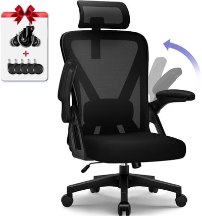 AUTHMIC Office Chair - Foldable Armrests, Reclining Backrest, Adjustable Headrest, Adjustable Lumbar, Max 150kg, Desk chair