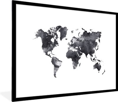 Poster in lijst - Fotolijst 80x60 cm - Posters - Wereldkaart - Waterverf - Zwart - Wit - Posterlijst zwart - Decoratie - Wanddecoratie woonkamer - Muurdecoratie slaapkamer