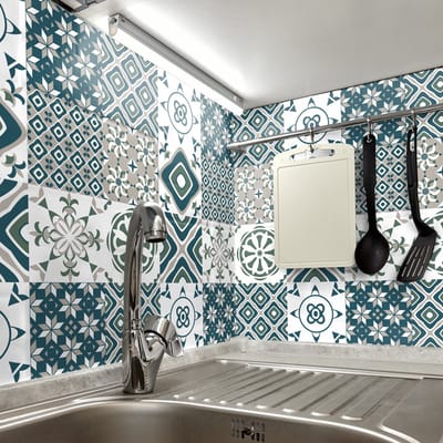 Zelfklevende tegelmuurstickers voor keuken en badkamer - 9 cementtegelstickers, Azulejos Amiaz - 9 stickers, 10x10cm