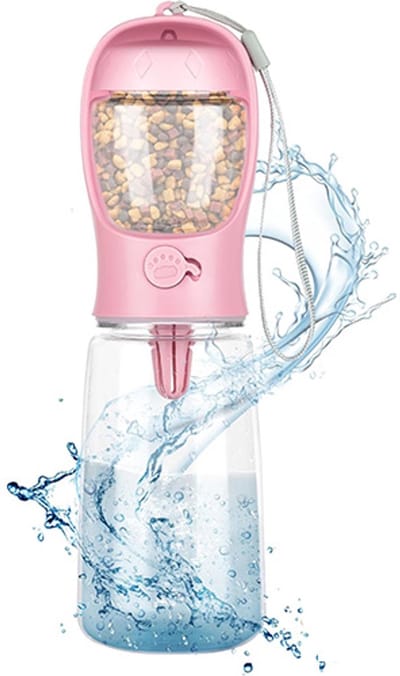 2-in-1 Honden Waterfles - 500ml Draagbare Waterfles voor Huisdieren - Water- en Voerfles voor Honden - Druk om Water te Drinken - Huisdierbenodigdheden - Waterfles voor Honden, Katten en Andere Huisdieren - Roze