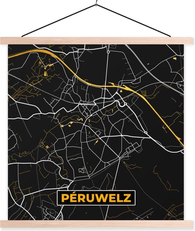 Posterhanger incl. Poster 40x40 cm - Schoolplaat - Péruwelz - Kaart - Plattegrond - Goud - Stadskaart - Textielposter - Blanke latten - Stadskaart
