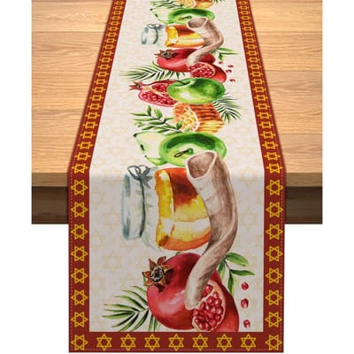 Rosh Hashanah Honing Schapenhoorn Granaatappel Linnen Tafelkleed Huisdecoratie Shana Tova Zesster Tafelkleden Joods Nieuwjaar Decoratie 150x33cm