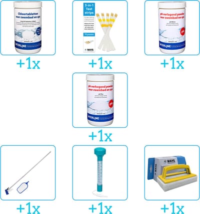 Zwembad Onderhoudspakket - Onderhoud Zwembad - bevat Chloor - Testrips - PH-min - PH-plus - Schoonmaakset - Thermometer en Scrubborstel (7-delig)