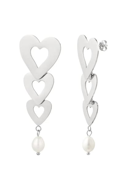 Yehwang - Stainless Steel Oorbellen - Drie Hartjes - Parel - Zilverkleurig