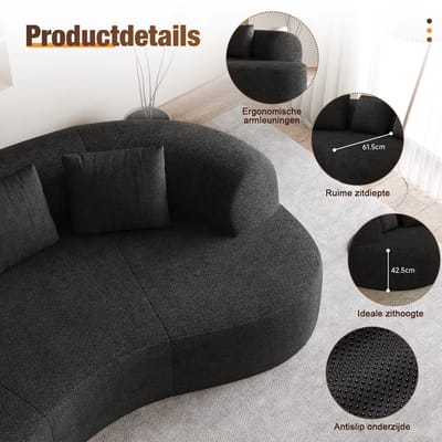 Lexzurn Zitbank 168 X 90 X 67 Cm - Extra Diepe Zitting Met Dikke Kussens - Voor Compacte Woonkamer - Ergonomisch ontwerp - Chenille - Zwart