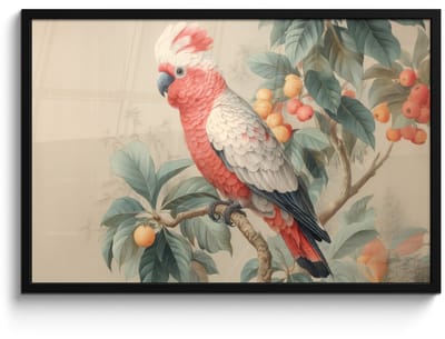 Poster in lijst - Fotolijst 90x60 cm - Posters - Roze kuifkaketoe - Tak met vruchten - Bladeren - Posterlijst zwart - Decoratie - Wanddecoratie woonkamer - Muurdecoratie slaapkamer