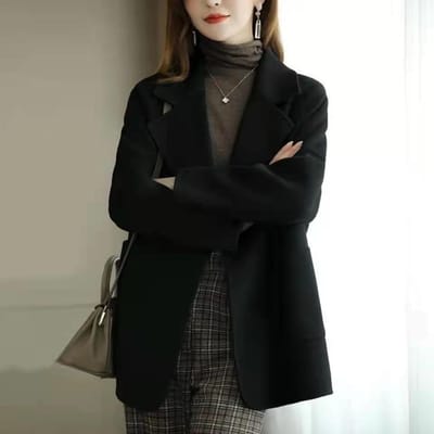Tweed colbert voor dames in herfst en winter Nieuwe retrostijl Los design Casual verdikte wollen paktop 2XL black