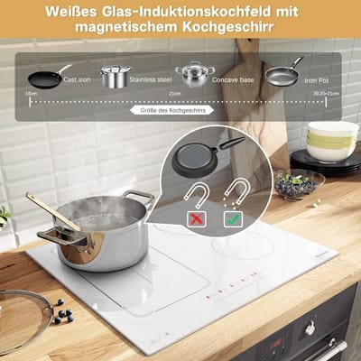 60 cm inductiekookplaat met 4 kookzones - wit - met stekker - 220V - 3500W - schuifregelaar - veiligheidsslot - pauze - 99 minuten timer - boost - geavanceerde zone - warmhouden